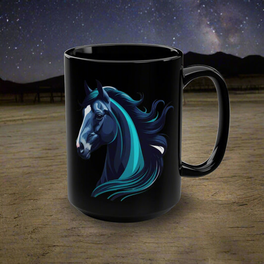 A Magnificent Blue Horse on Black Mug, 15oz