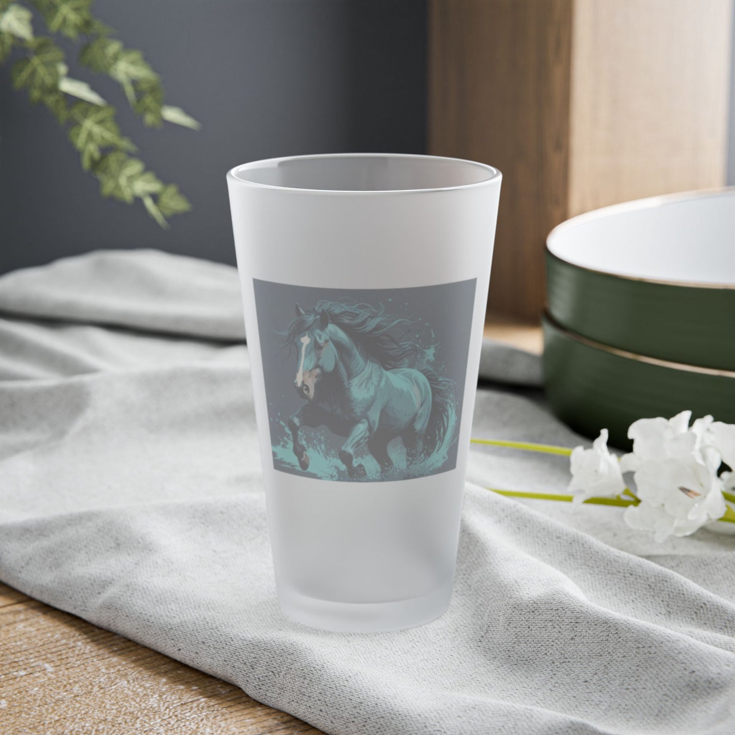 Running Horse Frosted Pint Glass, 16oz