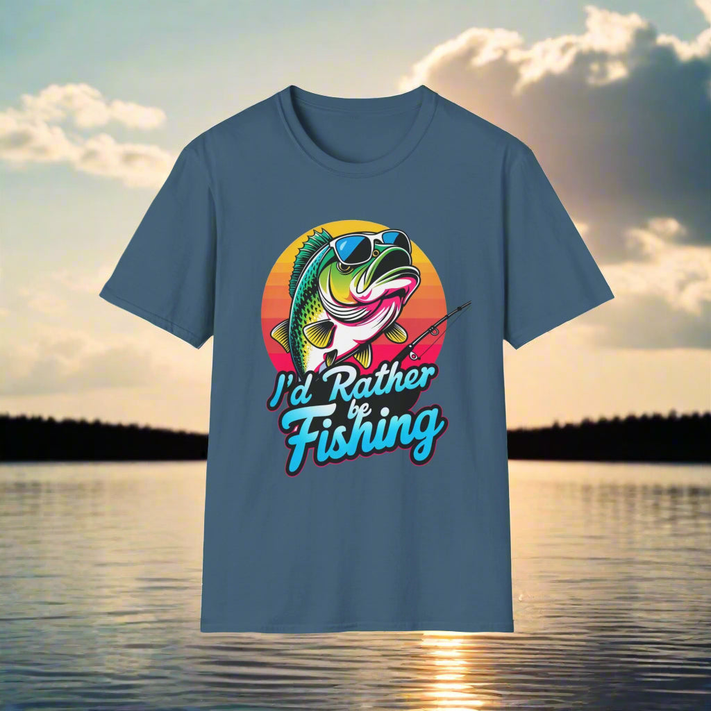 T-Shirt " Id Rather Be Fishing", Funny fishing shirt with Bass, father's day gift, great for fishermen