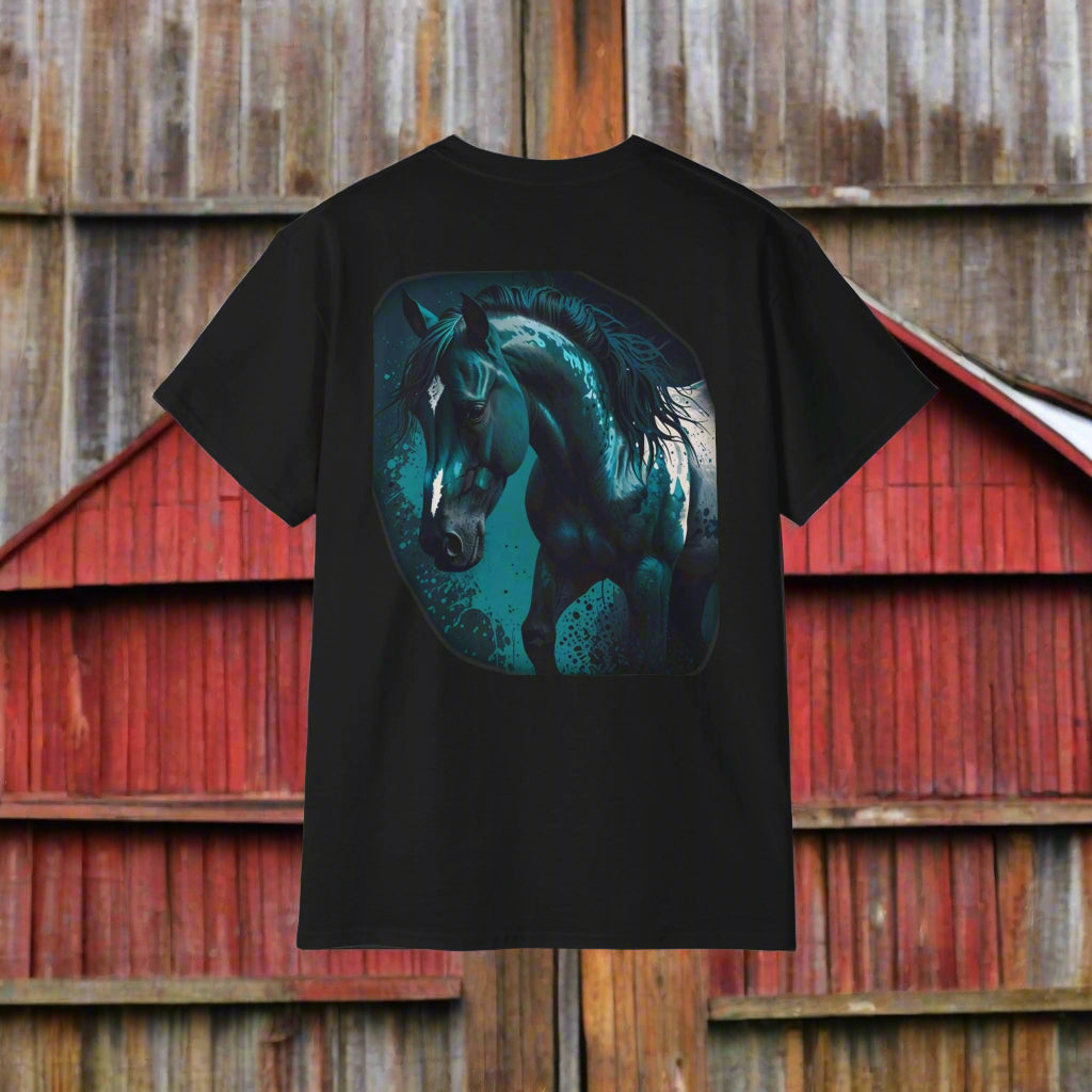 Realistic Horse -on Black Tee with Blue Tint