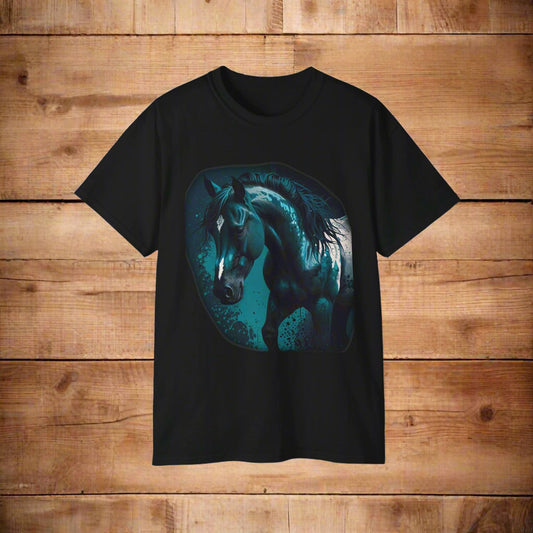 Realistic Horse -on Black Tee with Blue Tint
