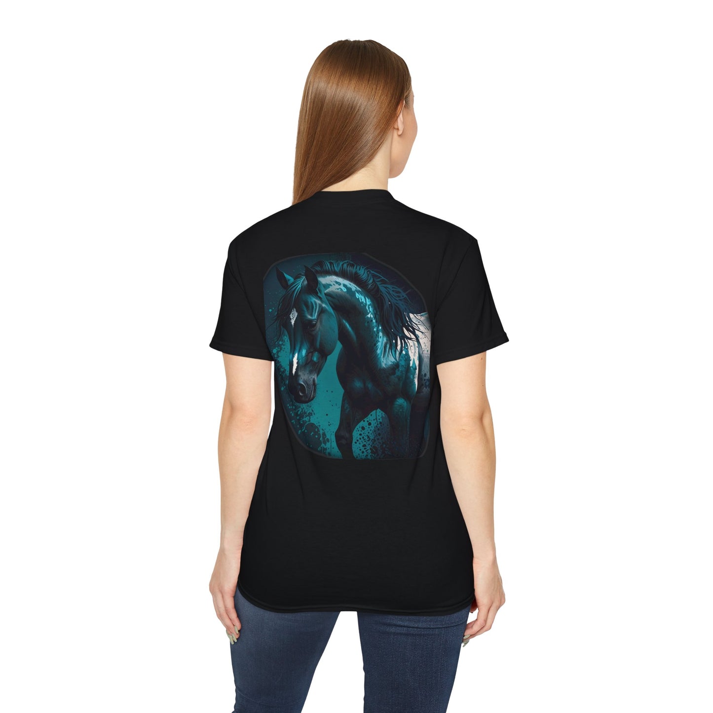 Realistic Horse -on Black Tee with Blue Tint