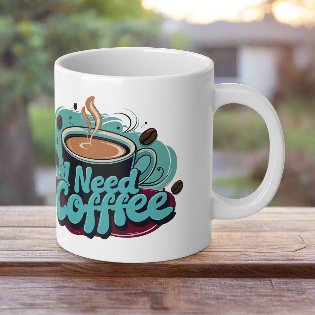 Mug - Teal 'I Need Coffee' Design, 20oz Jumbo Mug perfect gift for coffee lovers