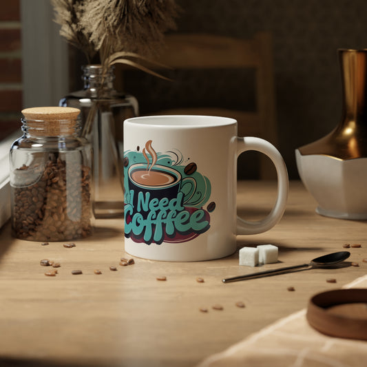 Mug - Teal 'I Need Coffee' Design, 20oz Jumbo Mug perfect gift for coffee lovers