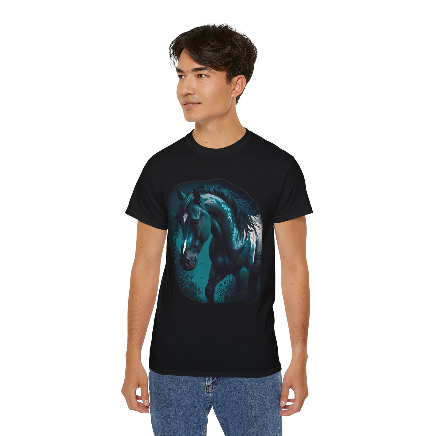 Realistic Horse -on Black Tee with Blue Tint