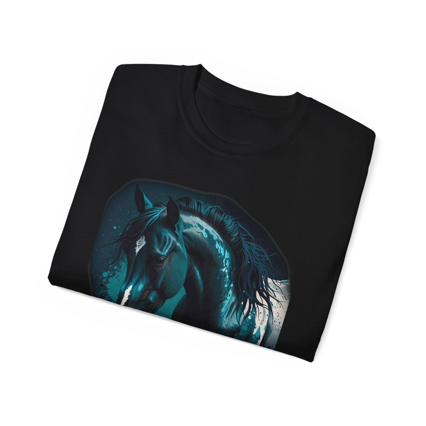 Realistic Horse -on Black Tee with Blue Tint