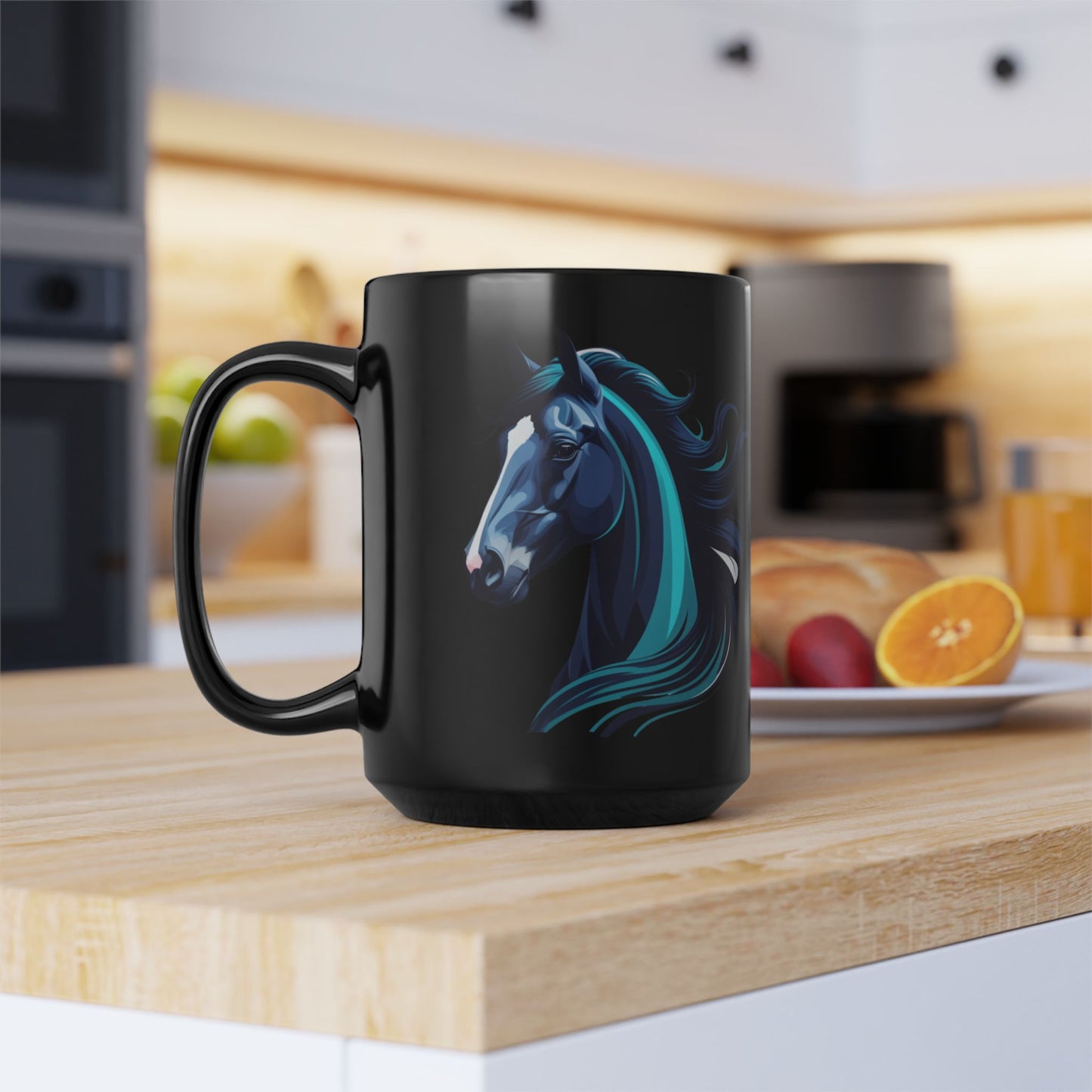 A Magnificent Blue Horse on Black Mug, 15oz