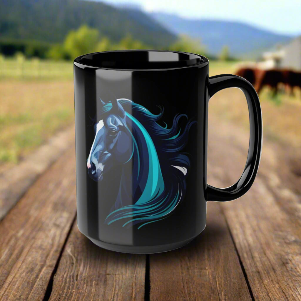 A Magnificent Blue Horse on Black Mug, 15oz