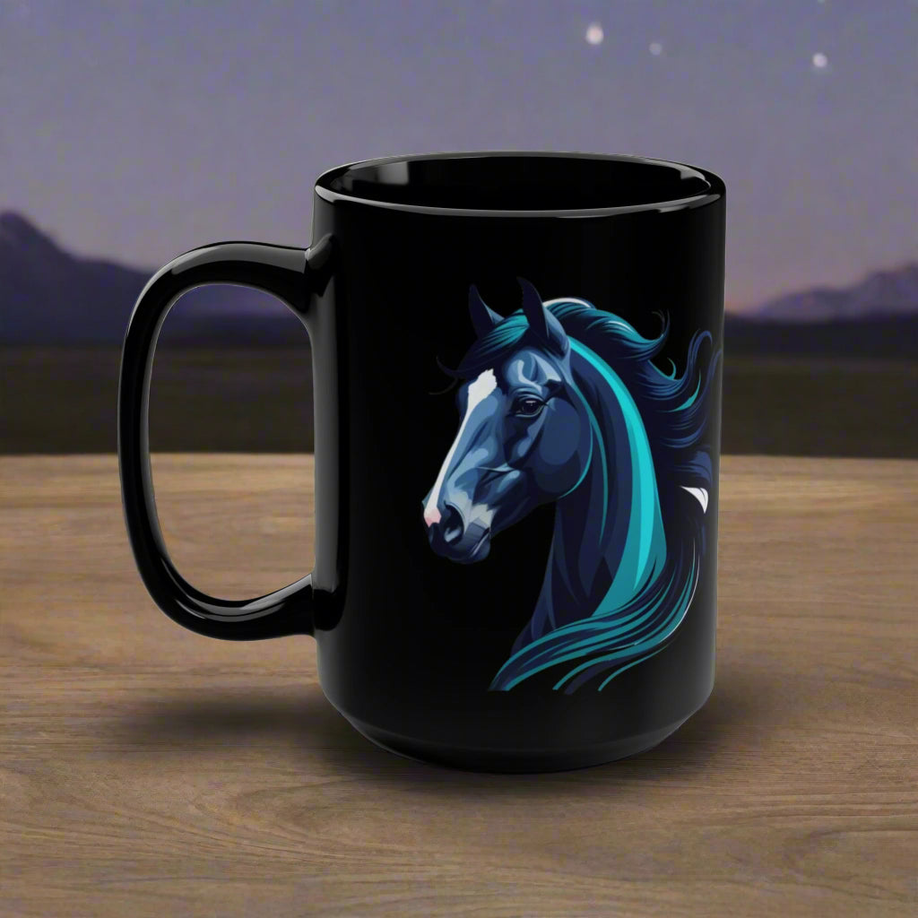 A Magnificent Blue Horse on Black Mug, 15oz