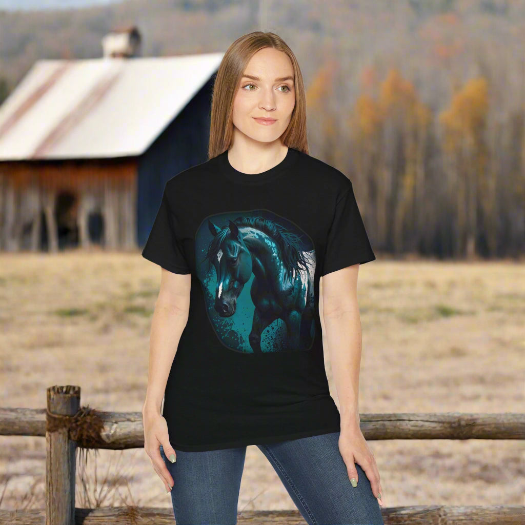 Realistic Horse -on Black Tee with Blue Tint