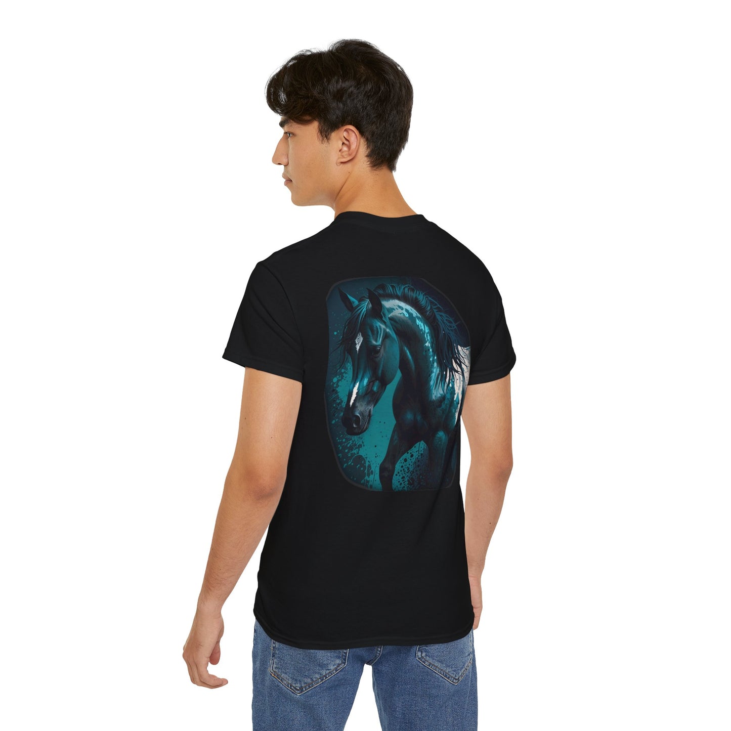 Realistic Horse -on Black Tee with Blue Tint